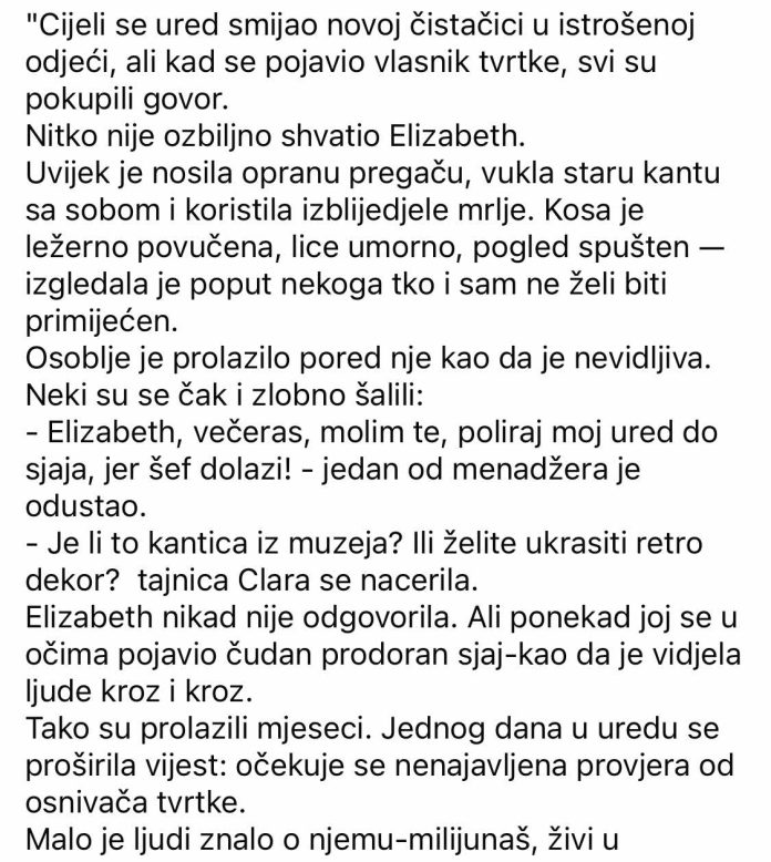 Cijeli se ured smijao novoj čistačici u istrošenoj odjeći, ali kad se pojavio vlasnik tvrtke, svi su pokupili govor. - featured image